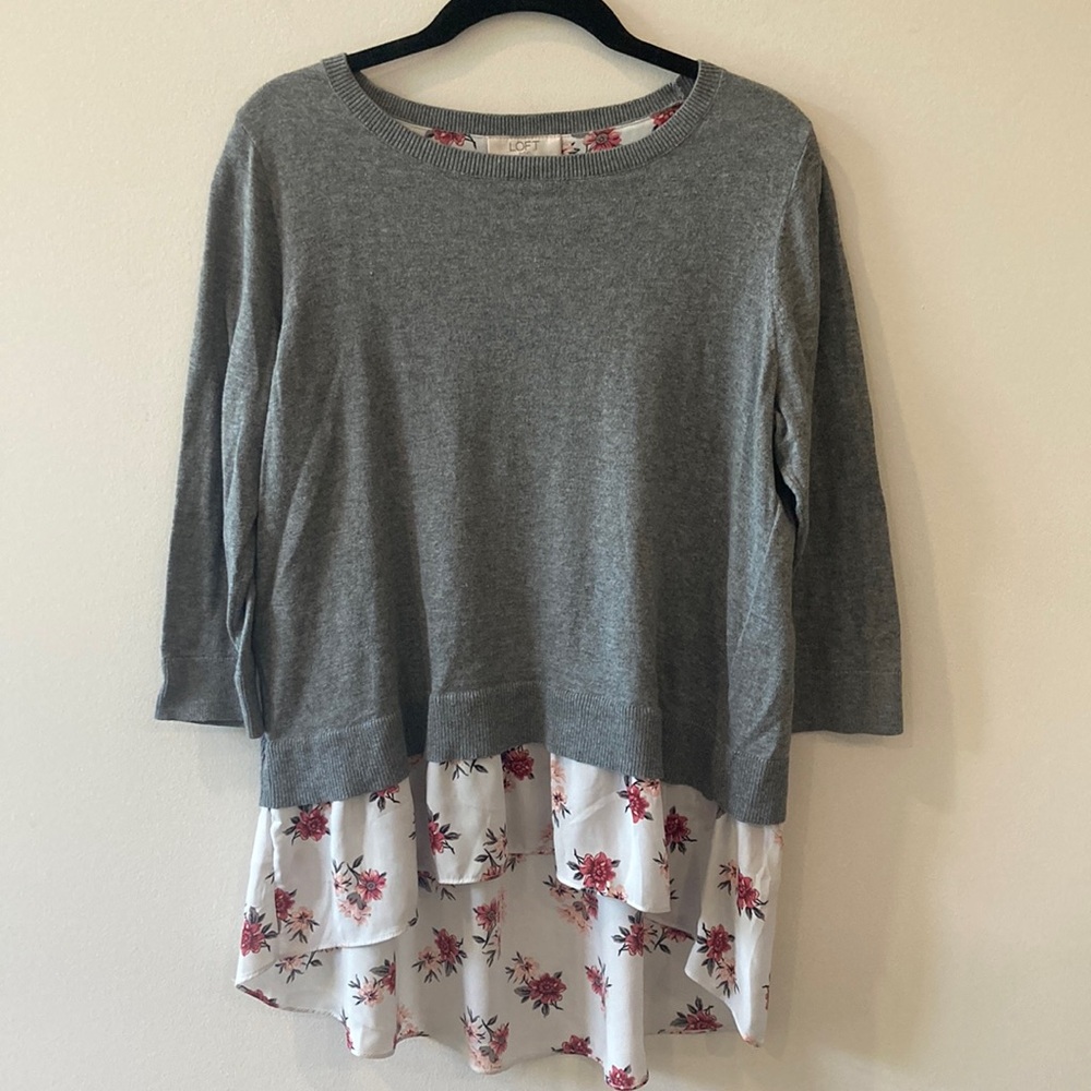 Loft outlet Grey Floral Tunic High Low Sweater Top Size SP
